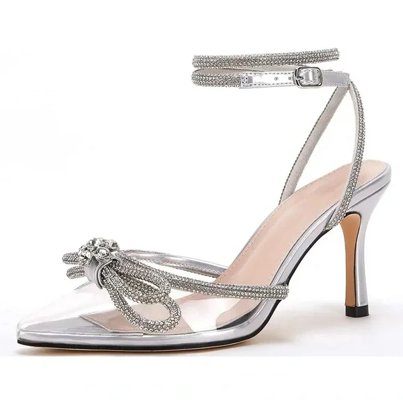 🪩 BRAND NEW VIRAL DIAMOND RHINESTONE GLAM BOW ANKLE WRAP WEDDING BRIDE HEEL - Picture 3 of 8